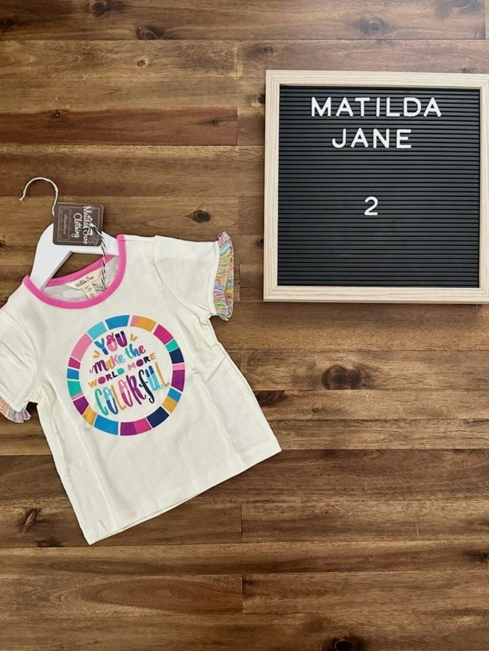 NWT Matilda Jane Dream Chasers Colorful World Tee Shirt 2 Cream Knit Colorful